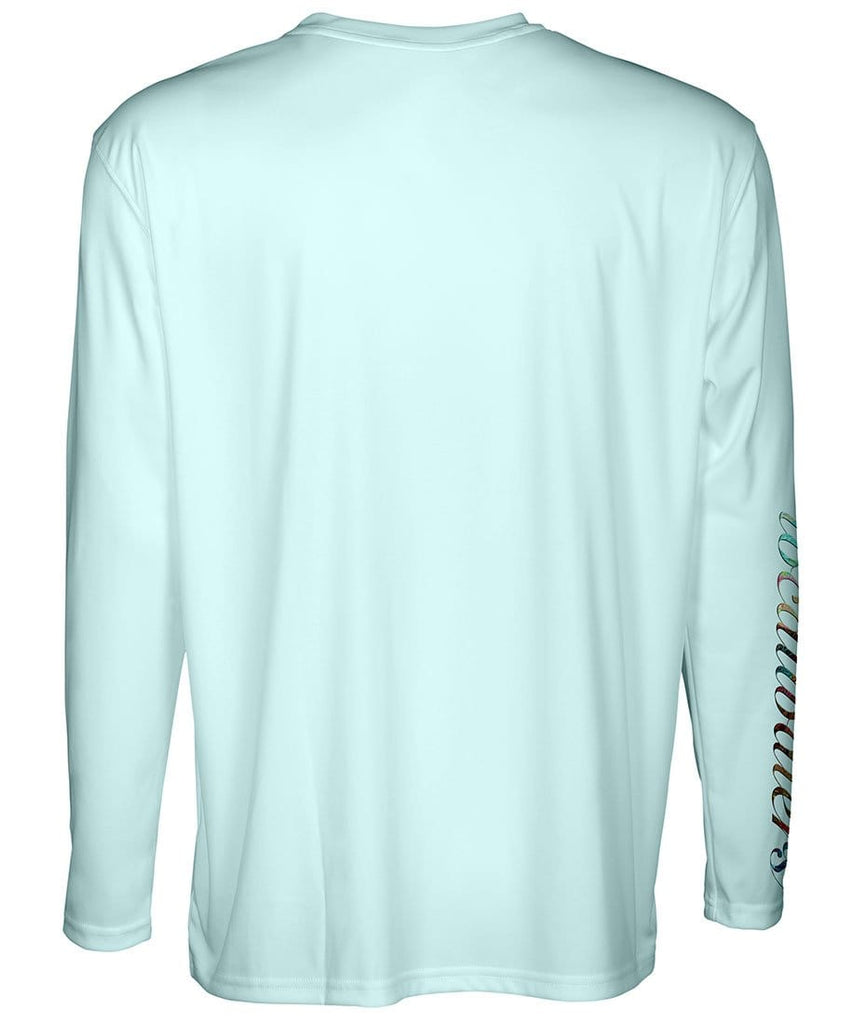 back view of a light blue long sleeve performance shirt and localwaters colorful sleeve logo