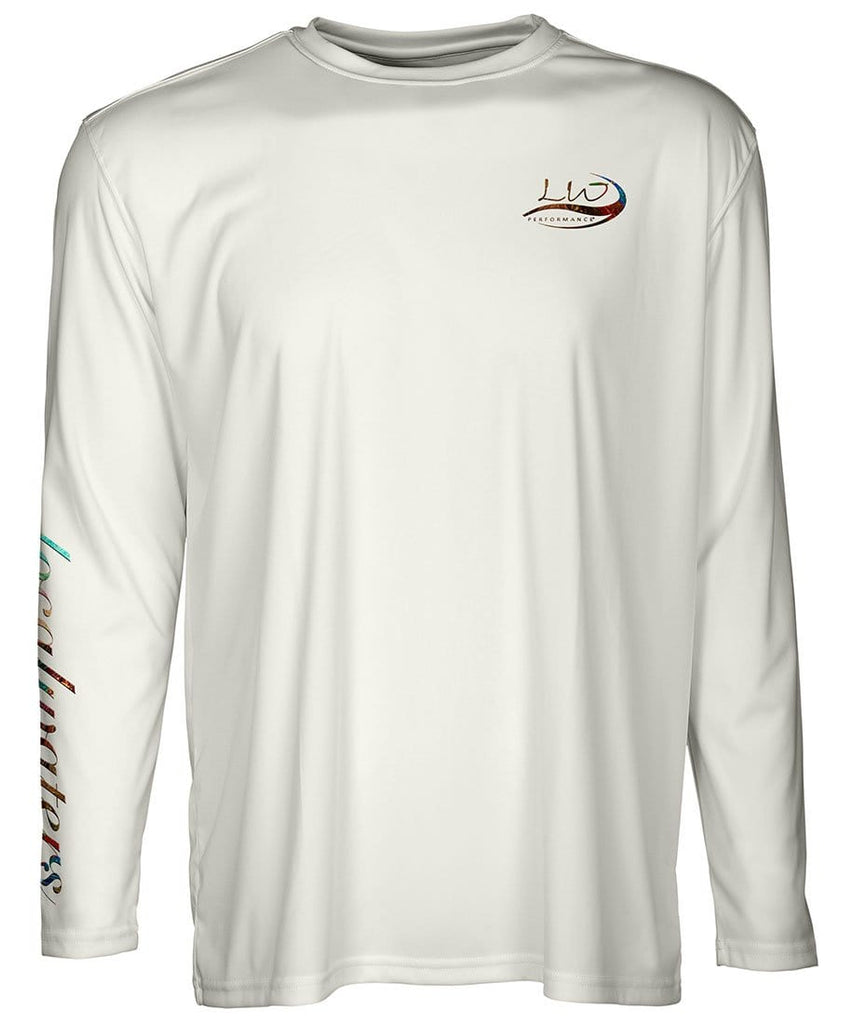 front view of a light tan long sleeve performance t-shirt with localwaters left chest logo