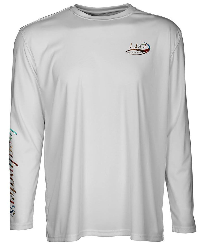 front view of a light grey long sleeve performance t-shirt with localwaters left chest logo