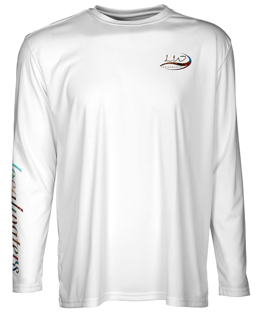 front view of a white long sleeve performance t-shirt with localwaters left chest logo