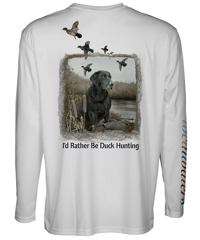Gun Dog Collection Tee - Hunting Dog Tee - Retriever & Decoy - back view of a light grey long sleeve performance t-shirt featuring a Labrador Retriever and a string of ducks