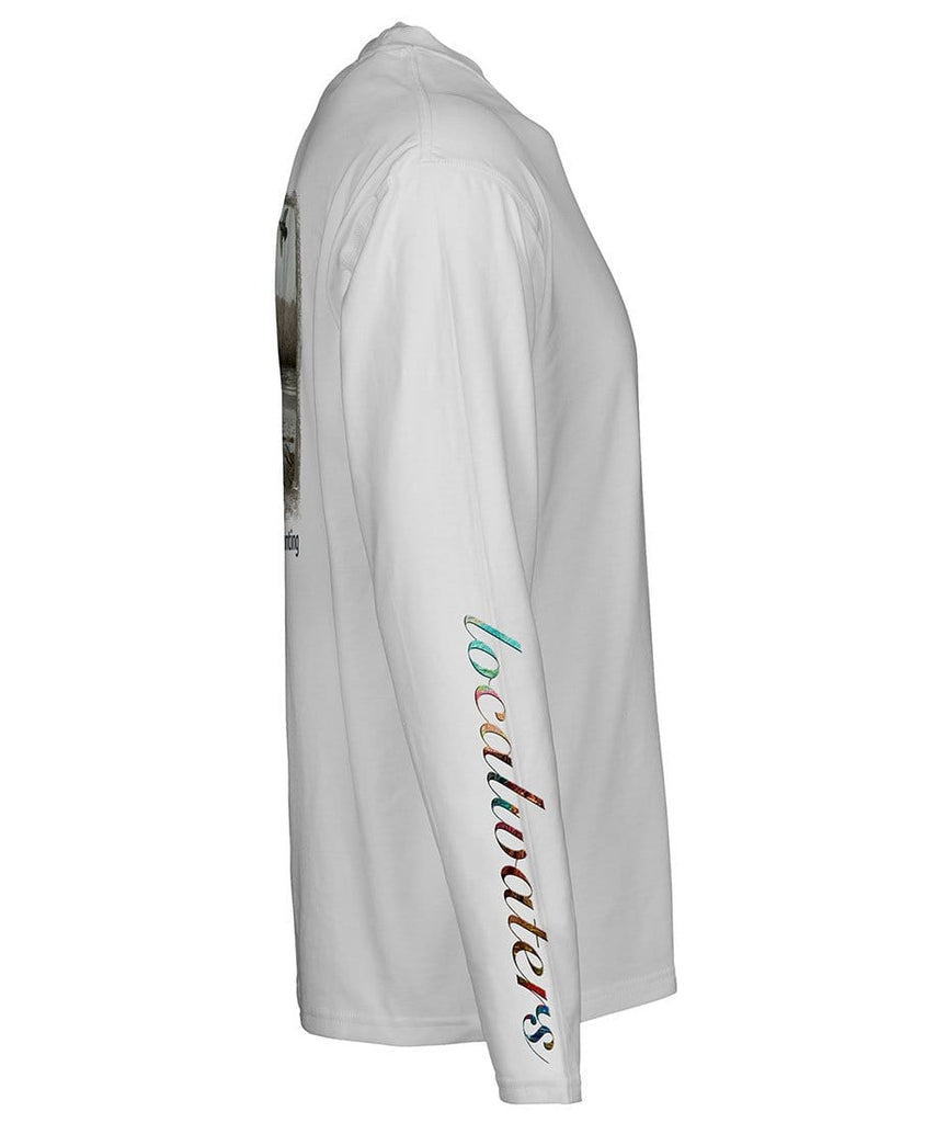 side view of a light grey long sleeve performance t-shirt featuring localwaters colorful sleeve logo