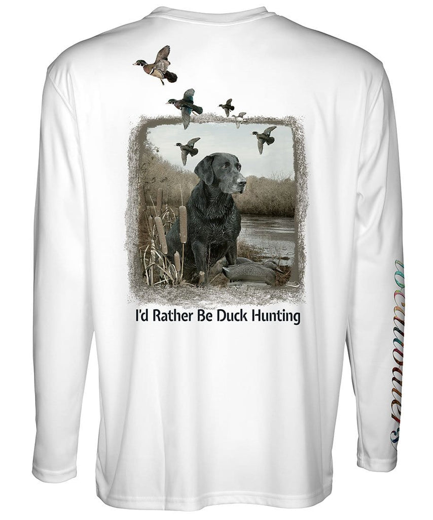 Gun Dog Collection Tee - Hunting Dog Tee - Retriever & Decoy - back view of a white long sleeve performance t-shirt featuring a Labrador Retriever and a string of ducks