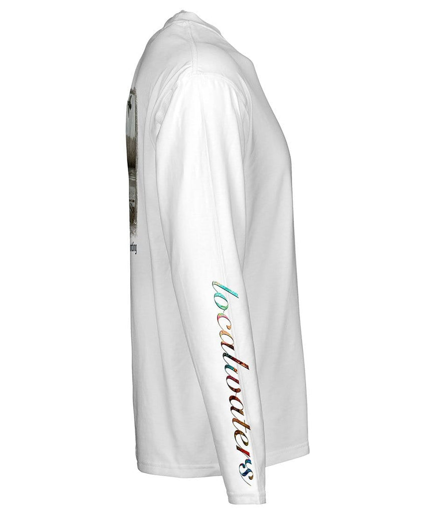 side view of a white long sleeve performance t-shirt featuring localwaters colorful sleeve logo