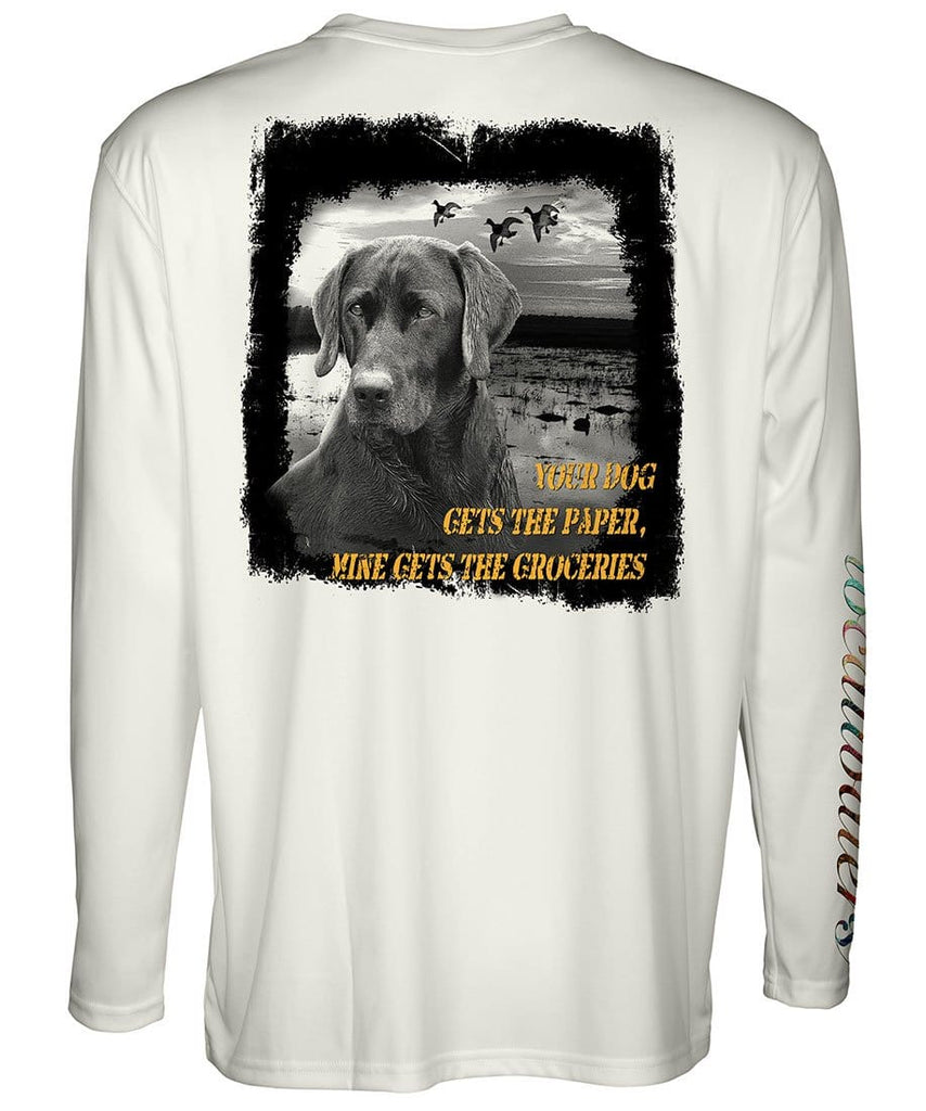 Gun Dog T-Shirt - Grocery Gettin' Lab - back view of a light tan long sleeve performance t-shirt featuring a Labrador Retriever and a string of ducks and "Your Dog Get The Paper, Mine Gets The Groceries" copy