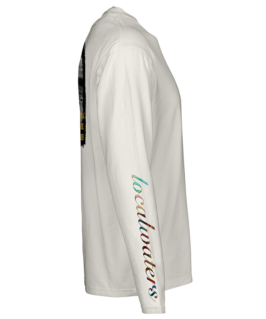 side view of a light tan long sleeve performance t-shirt featuring localwaters colorful sleeve logo