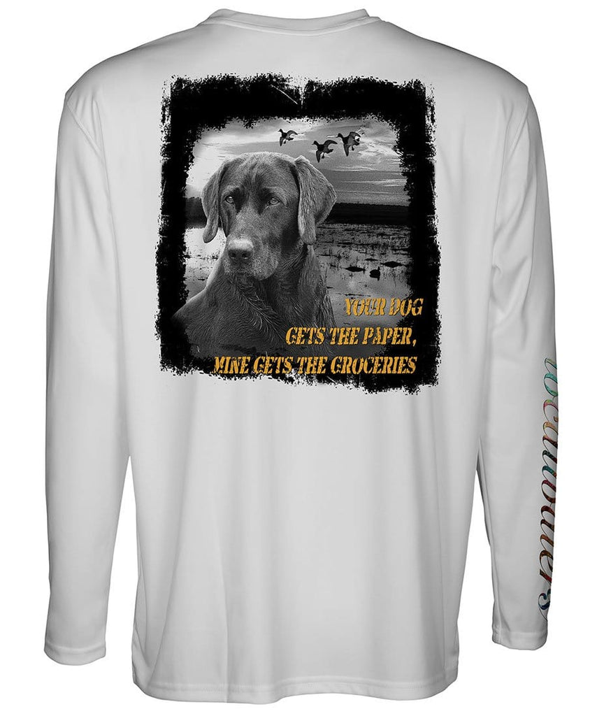 Gun Dog T-Shirt - Grocery Gettin' Lab - back view of a light grey long sleeve performance t-shirt featuring a Labrador Retriever and a string of ducks and "Your Dog Get The Paper, Mine Gets The Groceries" copy