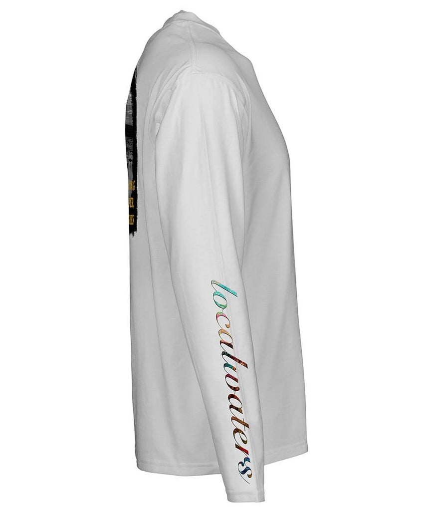 side view of a light grey long sleeve performance t-shirt featuring localwaters colorful sleeve logo