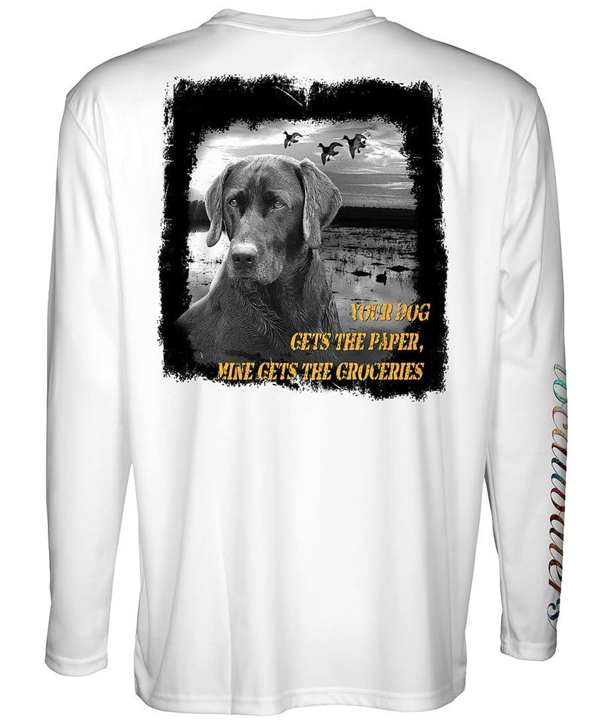 Gun Dog T-Shirt - Grocery Gettin' Lab - back view of a white long sleeve performance t-shirt featuring a Labrador Retriever and a string of ducks and "Your Dog Get The Paper, Mine Gets The Groceries" copy