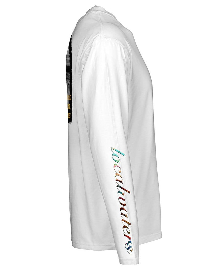 side view of a white long sleeve performance t-shirt featuring localwaters colorful sleeve logo