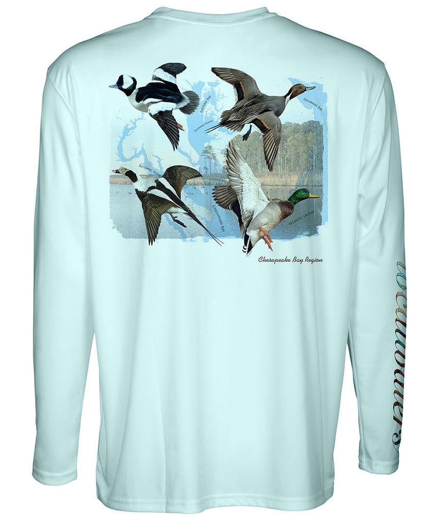 Chesapeake Bay Region Waterfowl Duck Hunting Tee - back view of a light blue long sleeve performance t-shirt featuring a technical illustration of the waterfowl of the Chesapeake Bay region